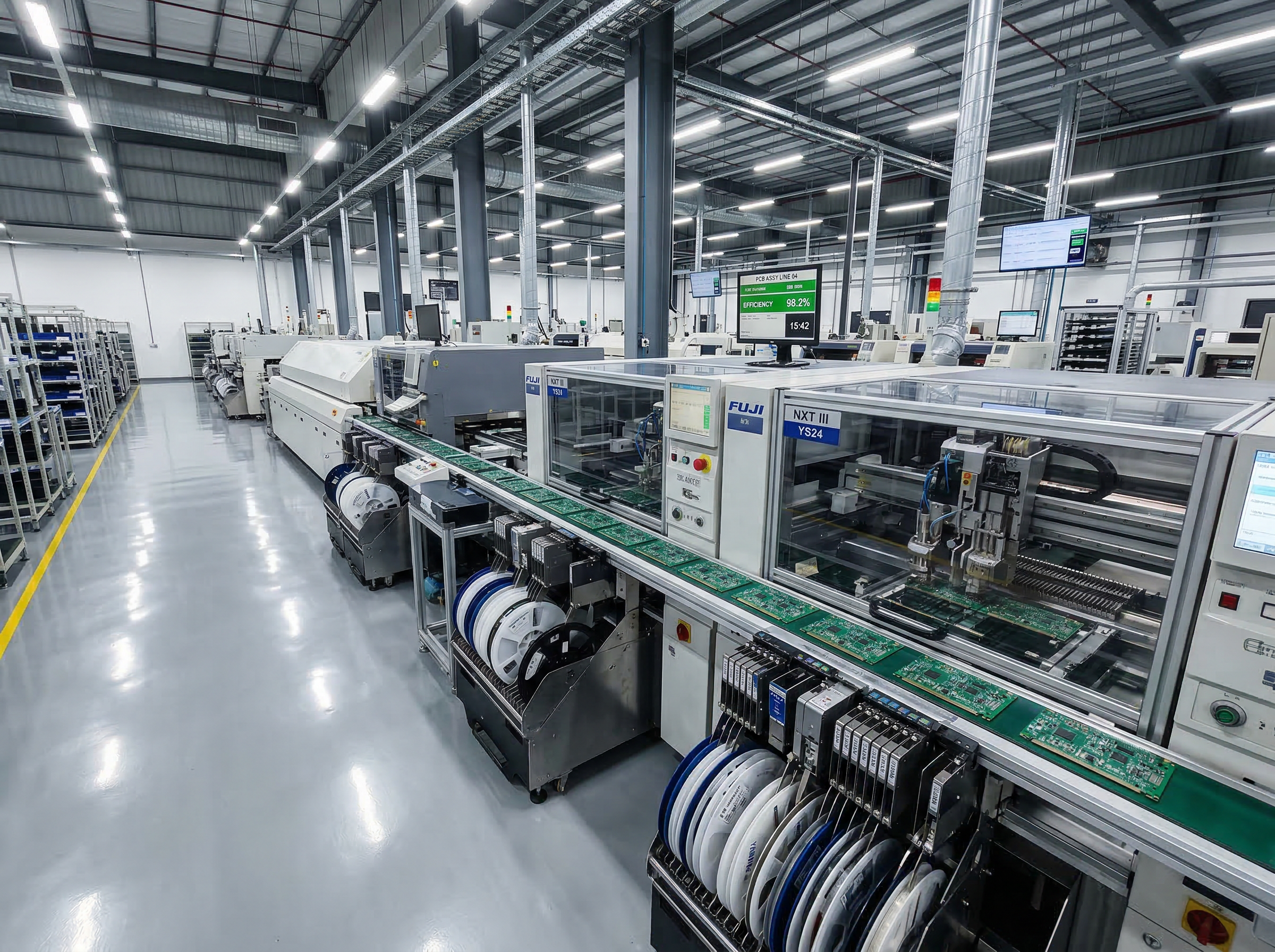SMT assembly line at a modern electronics manufacturing facility in India